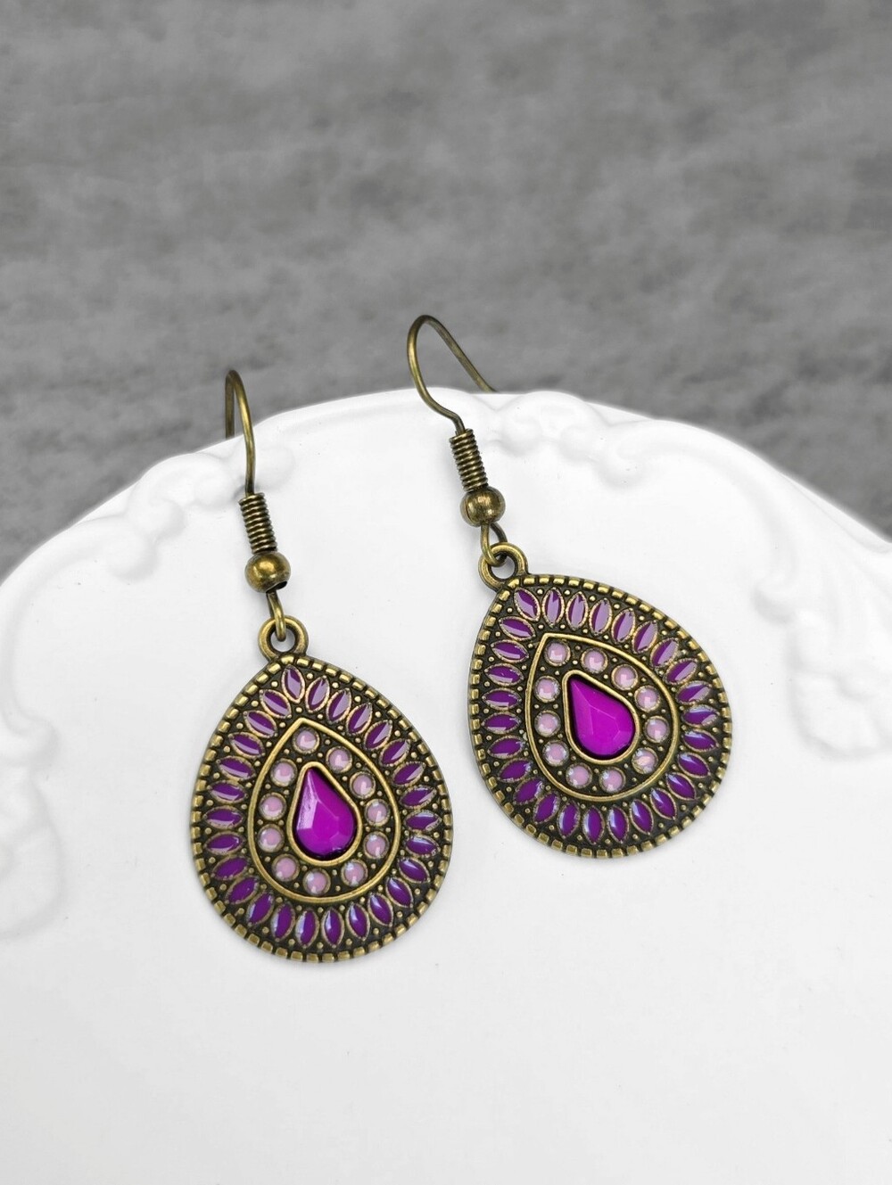 Boho Vintage Teardrop Earrings Bronze Dangle Jewelry Purple
